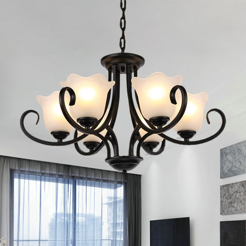 Black 4/6/8-Bulb Ceiling Chandelier Warehouse Frosted Glass Flower Hanging Light Kit with Scroll Arm Clearhalo 'Ceiling Lights' 'Chandeliers' Lighting' options 1649520