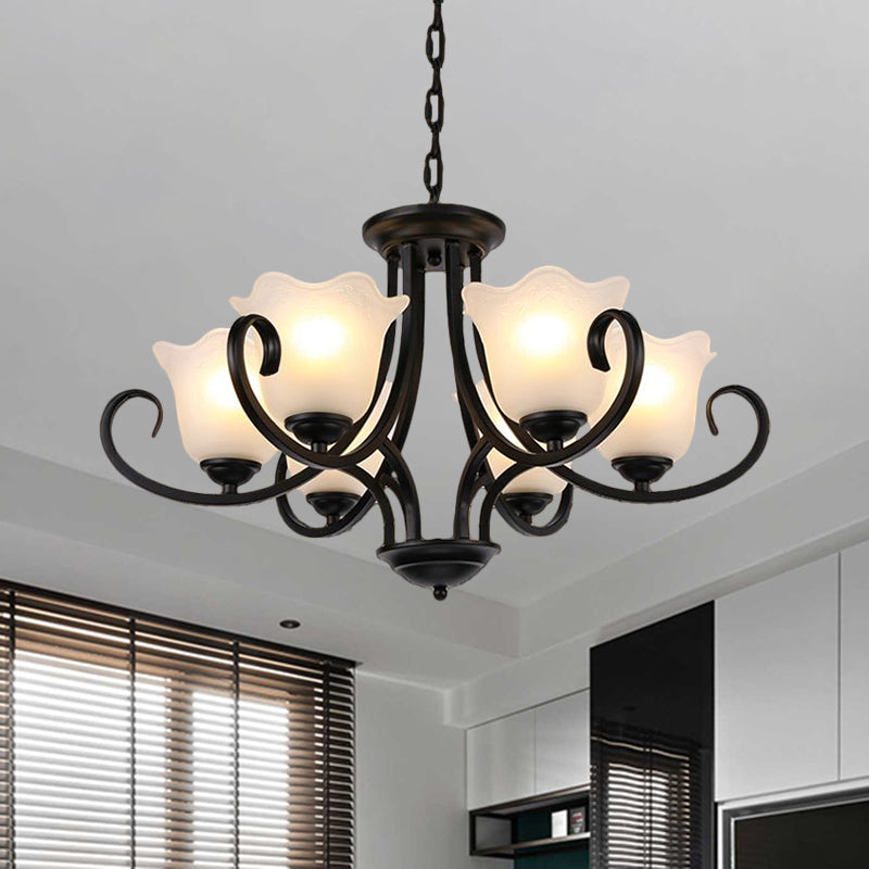 Black 4/6/8-Bulb Ceiling Chandelier Warehouse Frosted Glass Flower Hanging Light Kit with Scroll Arm Clearhalo 'Ceiling Lights' 'Chandeliers' Lighting' options 1649521