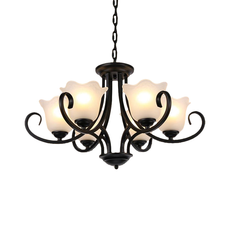 Black 4/6/8-Bulb Ceiling Chandelier Warehouse Frosted Glass Flower Hanging Light Kit with Scroll Arm Clearhalo 'Ceiling Lights' 'Chandeliers' Lighting' options 1649522