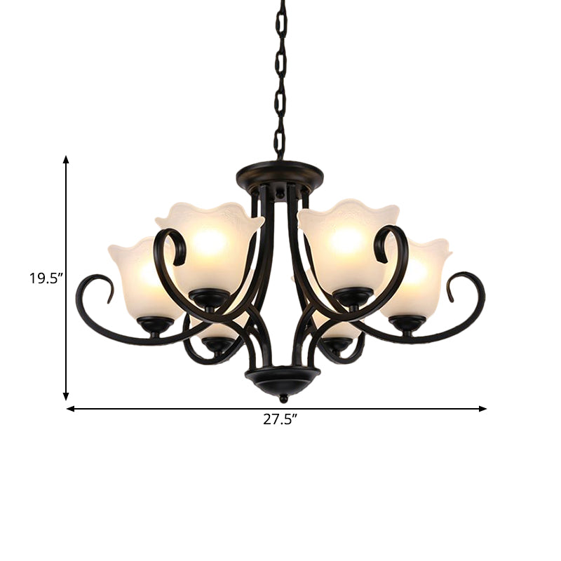 Black 4/6/8-Bulb Ceiling Chandelier Warehouse Frosted Glass Flower Hanging Light Kit with Scroll Arm Clearhalo 'Ceiling Lights' 'Chandeliers' Lighting' options 1649523