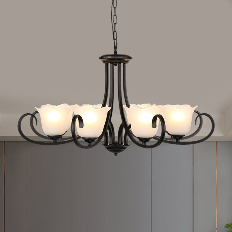 Black 4/6/8-Bulb Ceiling Chandelier Warehouse Frosted Glass Flower Hanging Light Kit with Scroll Arm Clearhalo 'Ceiling Lights' 'Chandeliers' Lighting' options 1649524