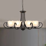 Black 4/6/8-Bulb Ceiling Chandelier Warehouse Frosted Glass Flower Hanging Light Kit with Scroll Arm Clearhalo 'Ceiling Lights' 'Chandeliers' Lighting' options 1649524