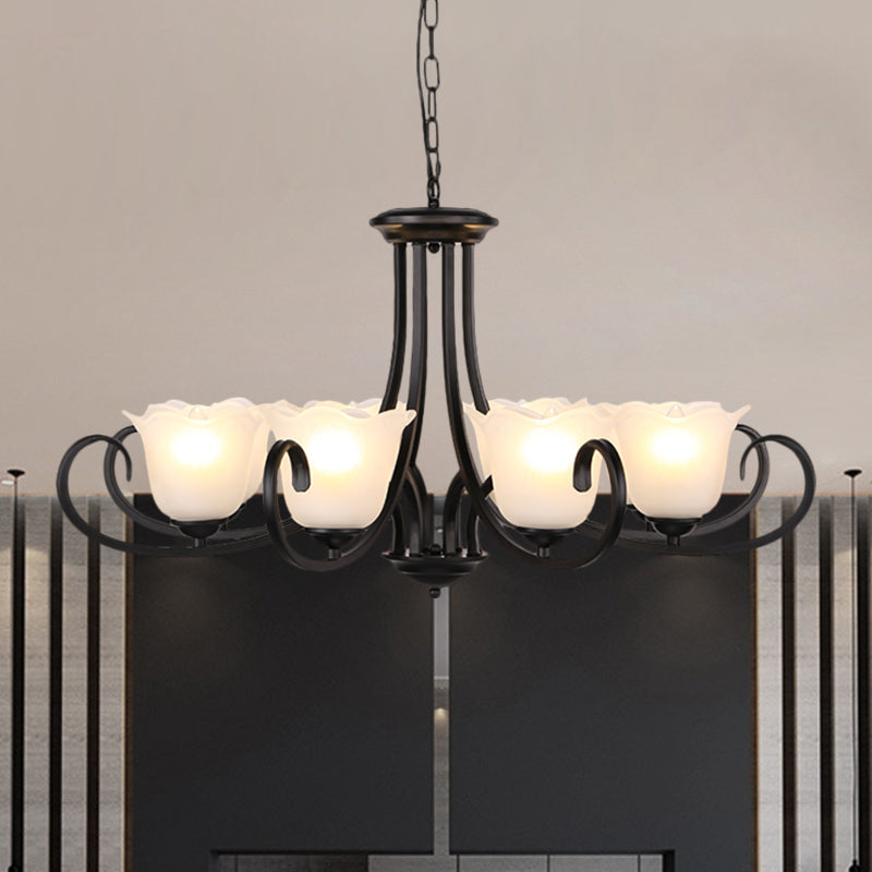 Black 4/6/8-Bulb Ceiling Chandelier Warehouse Frosted Glass Flower Hanging Light Kit with Scroll Arm Clearhalo 'Ceiling Lights' 'Chandeliers' Lighting' options 1649525