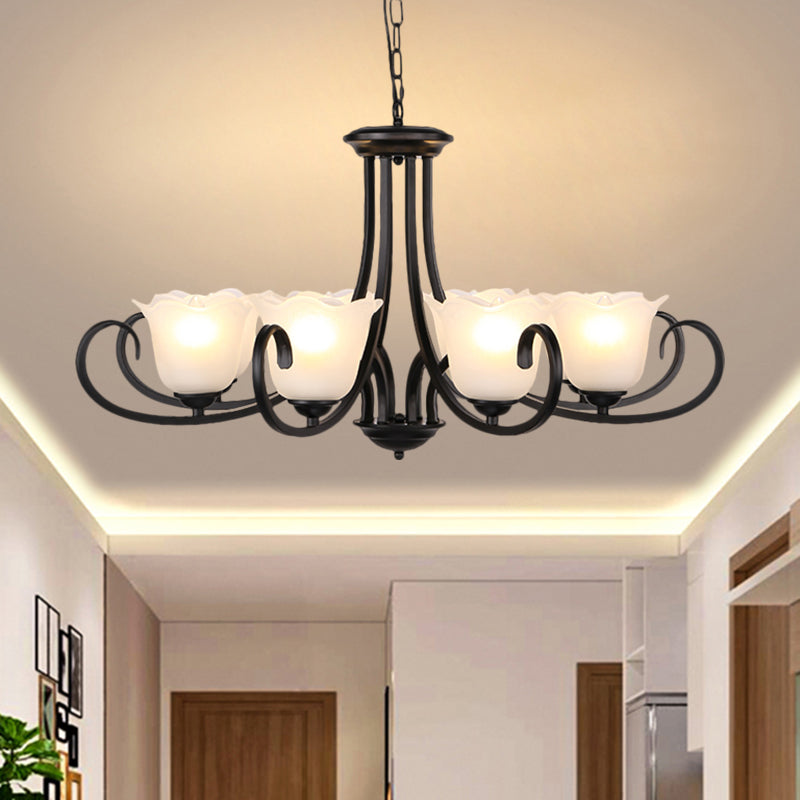 Black 4/6/8-Bulb Ceiling Chandelier Warehouse Frosted Glass Flower Hanging Light Kit with Scroll Arm Clearhalo 'Ceiling Lights' 'Chandeliers' Lighting' options 1649526