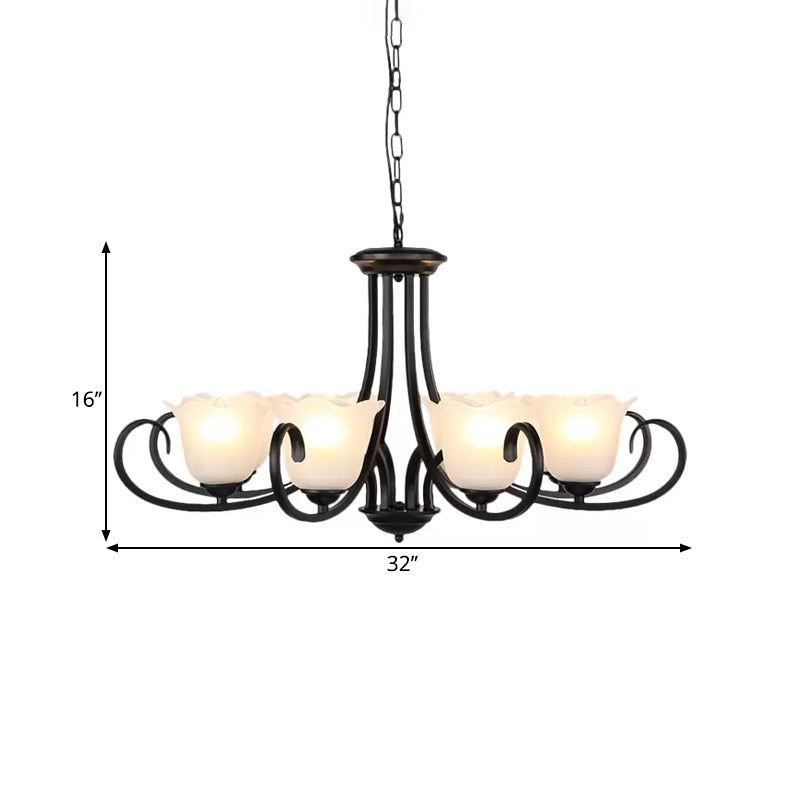 Black 4/6/8-Bulb Ceiling Chandelier Warehouse Frosted Glass Flower Hanging Light Kit with Scroll Arm Clearhalo 'Ceiling Lights' 'Chandeliers' Lighting' options 1649528