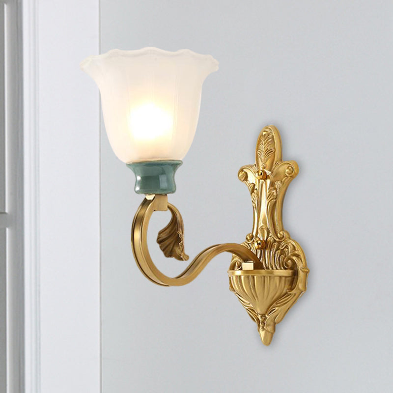 Milky Glass Brass Wall Sconce Blossom 1/2-Head Traditional Scroll Arm Wall Lighting Fixture with Ginkgo Leaf Decor 1.0 Brass Clearhalo 'Wall Lamps & Sconces' 'Wall Lights' Lighting' 1649577