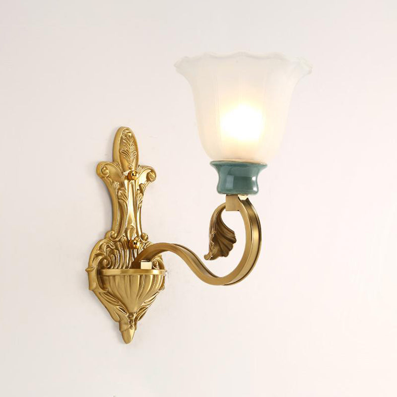 Milky Glass Brass Wall Sconce Blossom 1/2-Head Traditional Scroll Arm Wall Lighting Fixture with Ginkgo Leaf Decor Clearhalo 'Wall Lamps & Sconces' 'Wall Lights' Lighting' 1649578