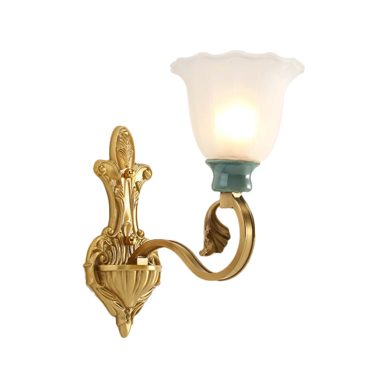 Milky Glass Brass Wall Sconce Blossom 1/2-Head Traditional Scroll Arm Wall Lighting Fixture with Ginkgo Leaf Decor Clearhalo 'Wall Lamps & Sconces' 'Wall Lights' Lighting' 1649579