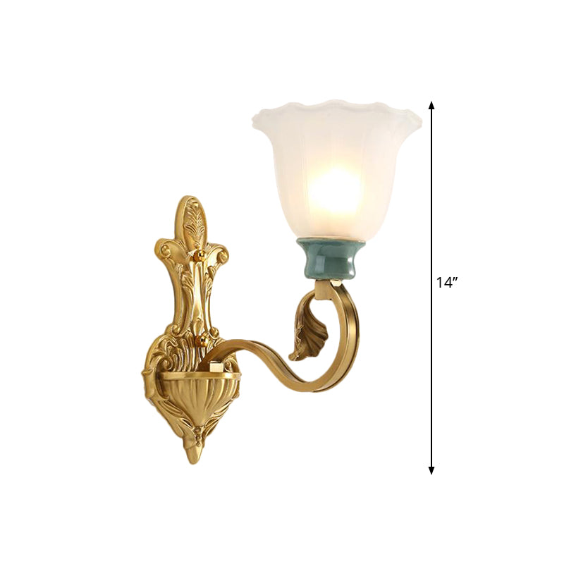 Milky Glass Brass Wall Sconce Blossom 1/2-Head Traditional Scroll Arm Wall Lighting Fixture with Ginkgo Leaf Decor Clearhalo 'Wall Lamps & Sconces' 'Wall Lights' Lighting' 1649580