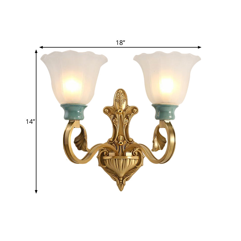 Milky Glass Brass Wall Sconce Blossom 1/2-Head Traditional Scroll Arm Wall Lighting Fixture with Ginkgo Leaf Decor Clearhalo 'Wall Lamps & Sconces' 'Wall Lights' Lighting' 1649585