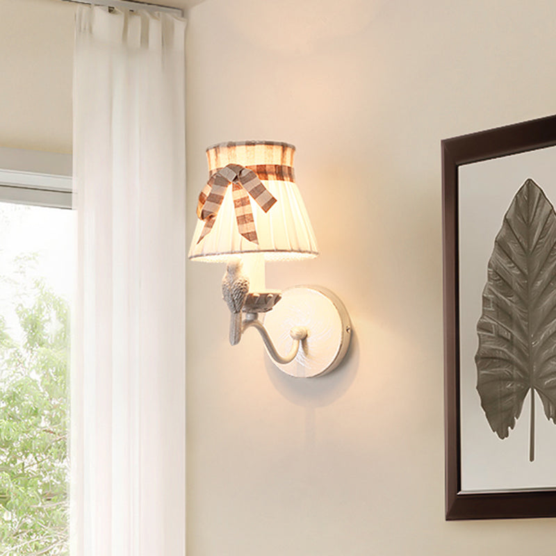 Cone Bedroom Wall Mount Lamp Fabric 1/2 Heads Modernist Wall Light Fixture with Bird Deco in White 1.0 White Clearhalo 'Wall Lamps & Sconces' 'Wall Lights' Lighting' 1649586