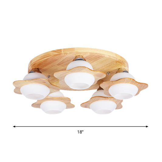 Wood Floral Semi Mount Modern 3/5 Lights Beige Flushmount Lighting with Sphere Milk Glass Shade Clearhalo 'Ceiling Lights' 'Close To Ceiling Lights' 'Close to ceiling' 'Semi-flushmount' Lighting' 1649611