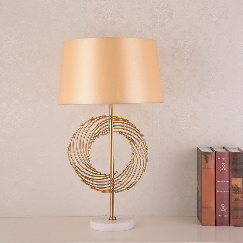 Drum Study Room Desk Lamp Vintage Fabric 1 Bulb Gold Night Table Light with Ring Decor Gold Clearhalo 'Lamps' 'Table Lamps' Lighting' 1649650