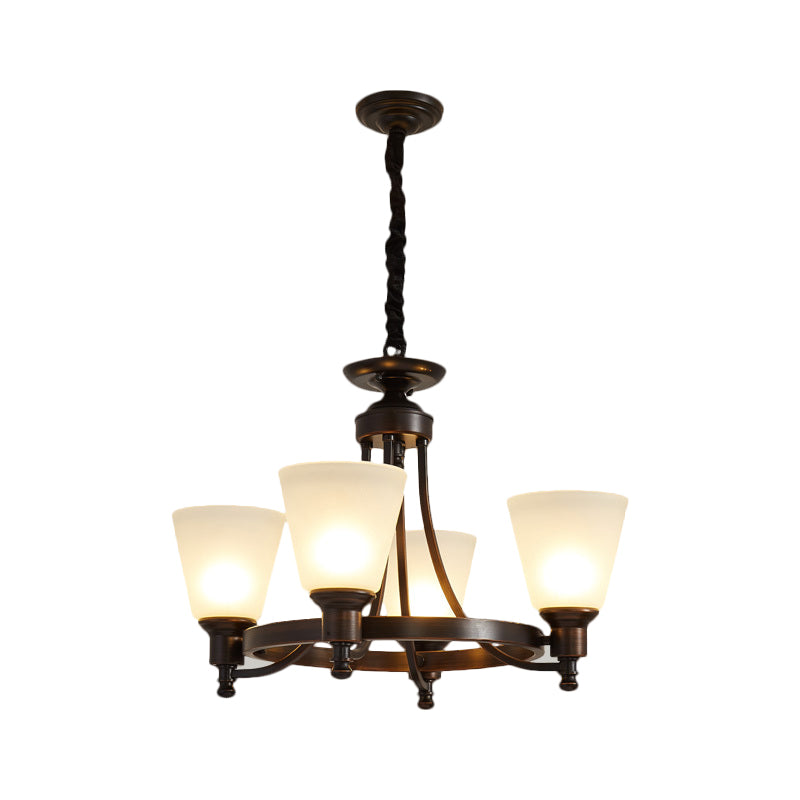 Inverted Cone Sitting Room Pendant Farmhouse Opal Glass 4/6-Head Black Hanging Chandelier with Metal Ring Decor Clearhalo 'Ceiling Lights' 'Chandeliers' Lighting' options 1649685