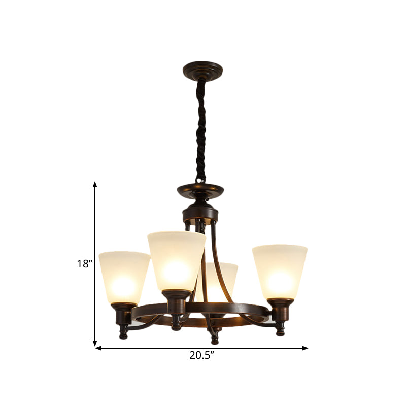 Inverted Cone Sitting Room Pendant Farmhouse Opal Glass 4/6-Head Black Hanging Chandelier with Metal Ring Decor Clearhalo 'Ceiling Lights' 'Chandeliers' Lighting' options 1649686