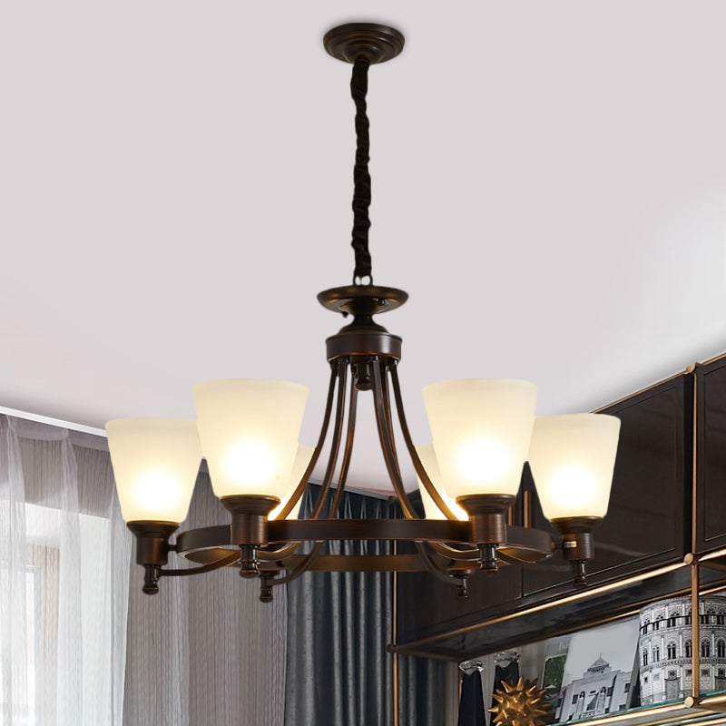 Inverted Cone Sitting Room Pendant Farmhouse Opal Glass 4/6-Head Black Hanging Chandelier with Metal Ring Decor Clearhalo 'Ceiling Lights' 'Chandeliers' Lighting' options 1649687