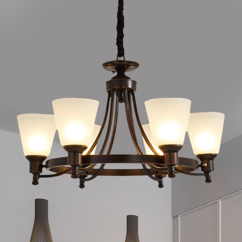 Inverted Cone Sitting Room Pendant Farmhouse Opal Glass 4/6-Head Black Hanging Chandelier with Metal Ring Decor Clearhalo 'Ceiling Lights' 'Chandeliers' Lighting' options 1649689