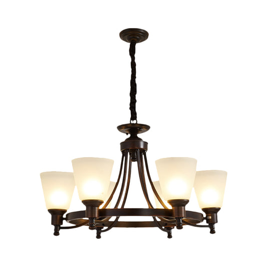 Inverted Cone Sitting Room Pendant Farmhouse Opal Glass 4/6-Head Black Hanging Chandelier with Metal Ring Decor Clearhalo 'Ceiling Lights' 'Chandeliers' Lighting' options 1649690