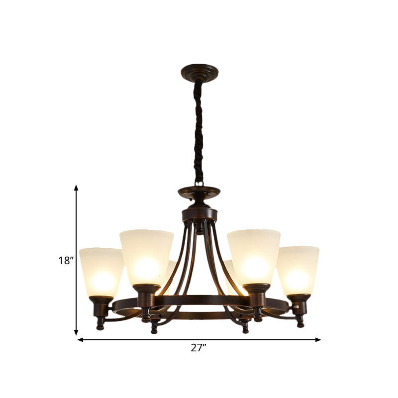 Inverted Cone Sitting Room Pendant Farmhouse Opal Glass 4/6-Head Black Hanging Chandelier with Metal Ring Decor Clearhalo 'Ceiling Lights' 'Chandeliers' Lighting' options 1649691