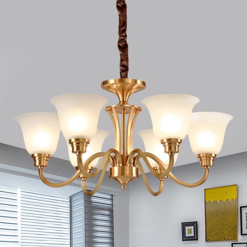 3/5 Bulbs Hanging Lamp Kit Vintage Bell Opaline Glass Down Lighting Pendant in Brass for Drawing Room 5 Brass Clearhalo 'Ceiling Lights' 'Chandeliers' 'Glass shade' 'Glass' Lighting' 1649705