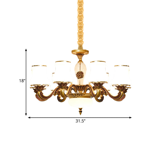 Brass 6/8-Head Pendant Lamp Retro Style Milky Glass Jar-Like Hanging Ceiling Light for Living Room Clearhalo 'Ceiling Lights' 'Chandeliers' 'Glass shade' 'Glass' 'Pendant Lights' Lighting' 1649727