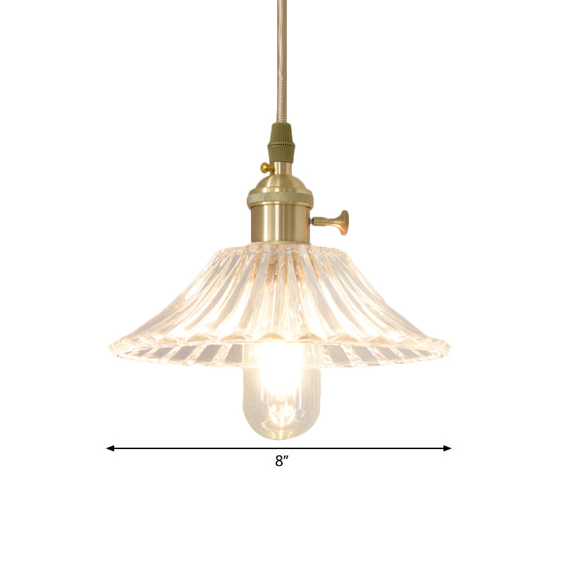 Rustic Wide Cone Hanging Light Single Bulb Clear Fluted Glass Pendant Lamp Kit in Brass Clearhalo 'Ceiling Lights' 'Pendant Lights' 'Pendants' Lighting' 1649731