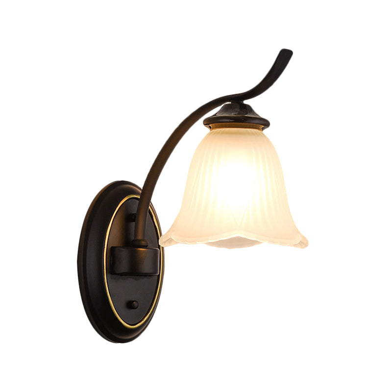 Single Head Sconce Light Countryside Flower Shape Cream Glass Wall Mounted Lamp in Black Clearhalo 'Wall Lamps & Sconces' 'Wall Lights' Lighting' 1649743