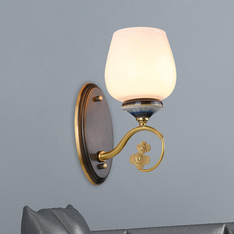 Vintage Flower Bud Sconce Light Single Bulb Cream Glass Wall Mounted Lighting in Black Black Clearhalo 'Wall Lamps & Sconces' 'Wall Lights' Lighting' 1649749