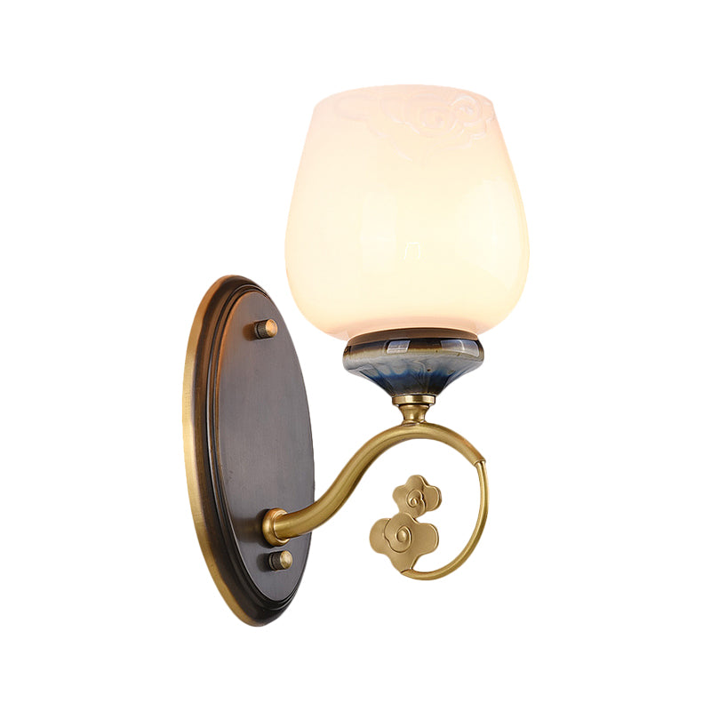 Vintage Flower Bud Sconce Light Single Bulb Cream Glass Wall Mounted Lighting in Black Clearhalo 'Wall Lamps & Sconces' 'Wall Lights' Lighting' 1649751