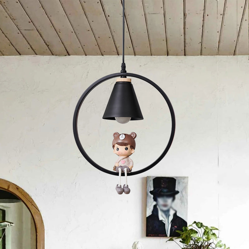 Cartoon Tapered Hanging Light Metal 1 Light Bedroom Pendant Lamp with Ring and Girl/Boy/Deer Decor in Black/White Clearhalo 'Ceiling Lights' 'Pendant Lights' 'Pendants' Lighting' 1649792