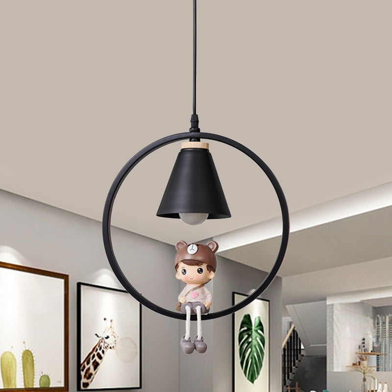 Cartoon Tapered Hanging Light Metal 1 Light Bedroom Pendant Lamp with Ring and Girl/Boy/Deer Decor in Black/White Clearhalo 'Ceiling Lights' 'Pendant Lights' 'Pendants' Lighting' 1649793