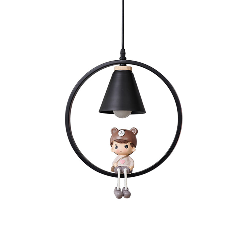 Cartoon Tapered Hanging Light Metal 1 Light Bedroom Pendant Lamp with Ring and Girl/Boy/Deer Decor in Black/White Clearhalo 'Ceiling Lights' 'Pendant Lights' 'Pendants' Lighting' 1649794