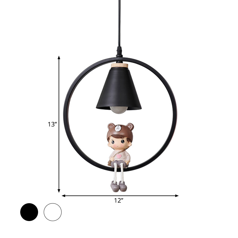 Cartoon Tapered Hanging Light Metal 1 Light Bedroom Pendant Lamp with Ring and Girl/Boy/Deer Decor in Black/White Clearhalo 'Ceiling Lights' 'Pendant Lights' 'Pendants' Lighting' 1649795