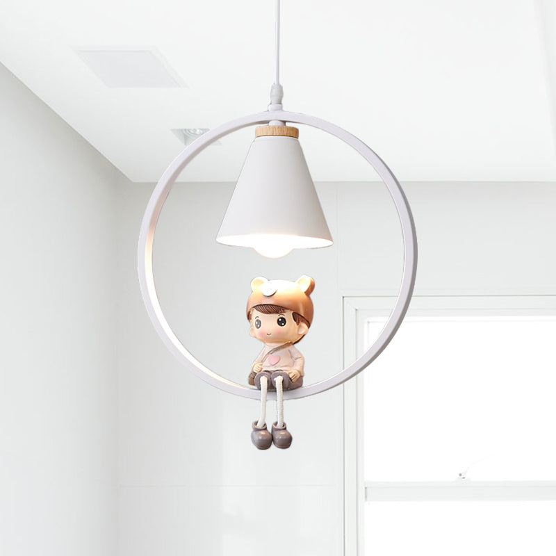 Cartoon Tapered Hanging Light Metal 1 Light Bedroom Pendant Lamp with Ring and Girl/Boy/Deer Decor in Black/White White A Clearhalo 'Ceiling Lights' 'Pendant Lights' 'Pendants' Lighting' 1649796_e93db07e-8212-4f46-8d5e-ede54700ec16