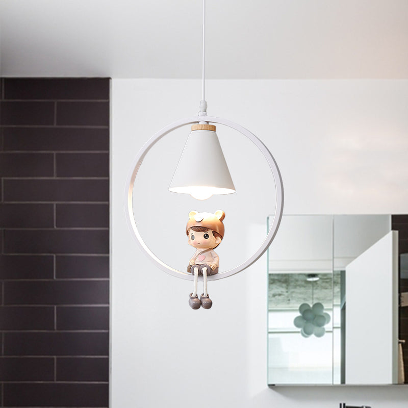 Cartoon Tapered Hanging Light Metal 1 Light Bedroom Pendant Lamp with Ring and Girl/Boy/Deer Decor in Black/White Clearhalo 'Ceiling Lights' 'Pendant Lights' 'Pendants' Lighting' 1649797