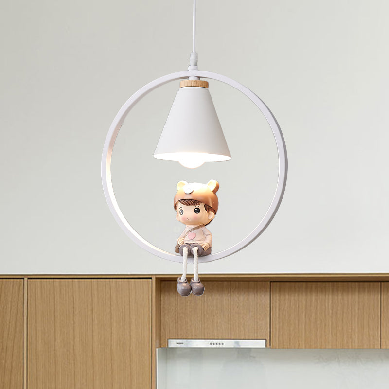 Cartoon Tapered Hanging Light Metal 1 Light Bedroom Pendant Lamp with Ring and Girl/Boy/Deer Decor in Black/White Clearhalo 'Ceiling Lights' 'Pendant Lights' 'Pendants' Lighting' 1649798