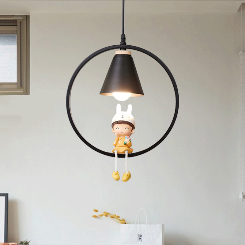 Cartoon Tapered Hanging Light Metal 1 Light Bedroom Pendant Lamp with Ring and Girl/Boy/Deer Decor in Black/White Black B Clearhalo 'Ceiling Lights' 'Pendant Lights' 'Pendants' Lighting' 1649800_76e414e1-2d9d-4c37-a1fa-a4a1f28471a6