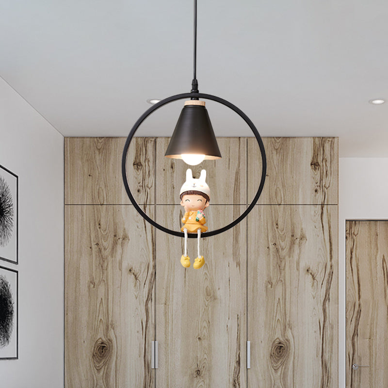 Cartoon Tapered Hanging Light Metal 1 Light Bedroom Pendant Lamp with Ring and Girl/Boy/Deer Decor in Black/White Clearhalo 'Ceiling Lights' 'Pendant Lights' 'Pendants' Lighting' 1649801