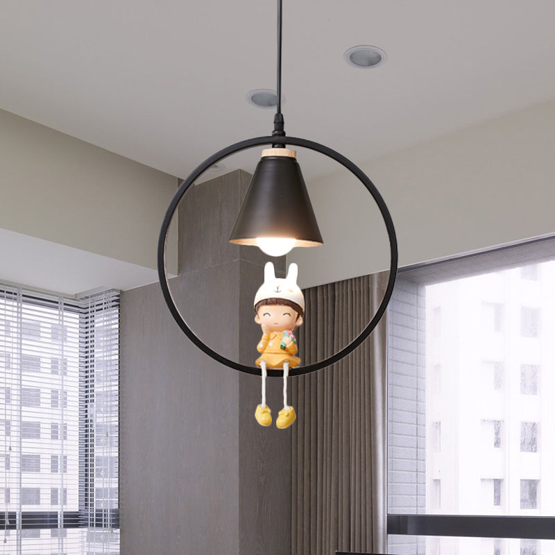 Cartoon Tapered Hanging Light Metal 1 Light Bedroom Pendant Lamp with Ring and Girl/Boy/Deer Decor in Black/White Clearhalo 'Ceiling Lights' 'Pendant Lights' 'Pendants' Lighting' 1649802