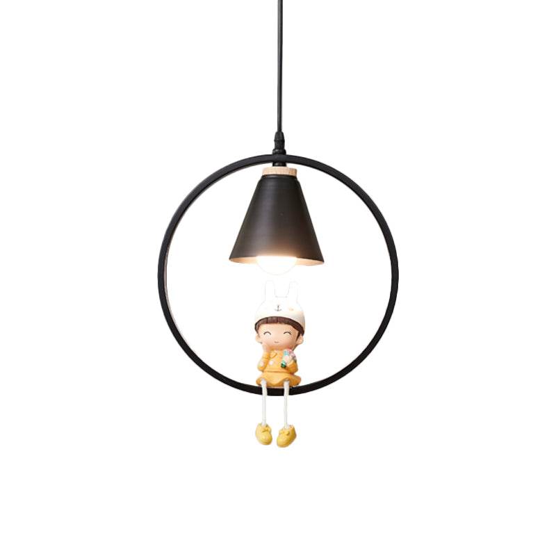 Cartoon Tapered Hanging Light Metal 1 Light Bedroom Pendant Lamp with Ring and Girl/Boy/Deer Decor in Black/White Clearhalo 'Ceiling Lights' 'Pendant Lights' 'Pendants' Lighting' 1649803