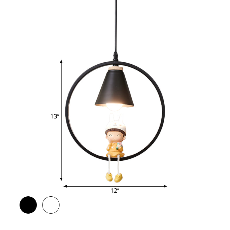 Cartoon Tapered Hanging Light Metal 1 Light Bedroom Pendant Lamp with Ring and Girl/Boy/Deer Decor in Black/White Clearhalo 'Ceiling Lights' 'Pendant Lights' 'Pendants' Lighting' 1649804