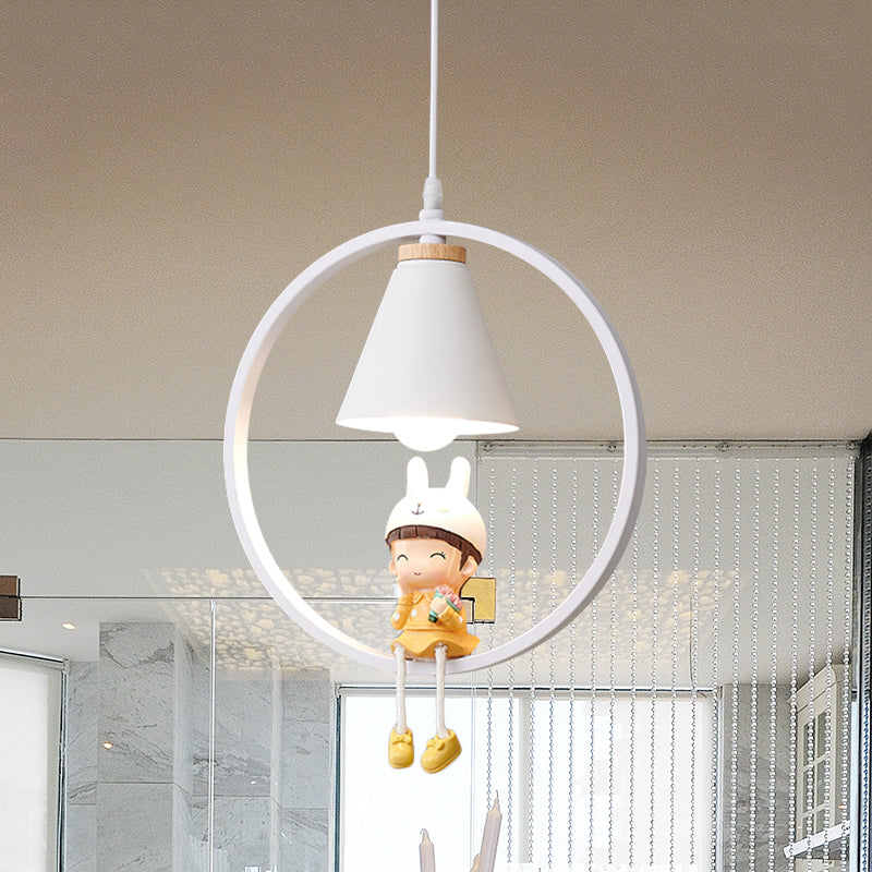 Cartoon Tapered Hanging Light Metal 1 Light Bedroom Pendant Lamp with Ring and Girl/Boy/Deer Decor in Black/White White B Clearhalo 'Ceiling Lights' 'Pendant Lights' 'Pendants' Lighting' 1649805_654a5d88-9910-4fdc-a2d5-864252ec4f71