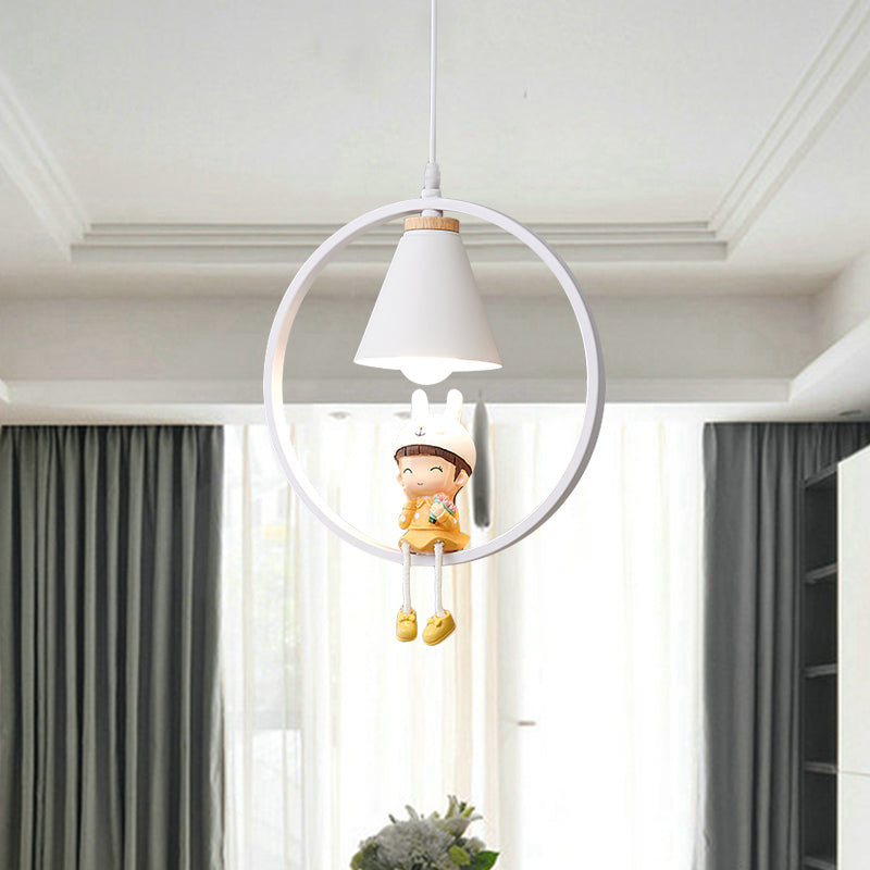 Cartoon Tapered Hanging Light Metal 1 Light Bedroom Pendant Lamp with Ring and Girl/Boy/Deer Decor in Black/White Clearhalo 'Ceiling Lights' 'Pendant Lights' 'Pendants' Lighting' 1649806