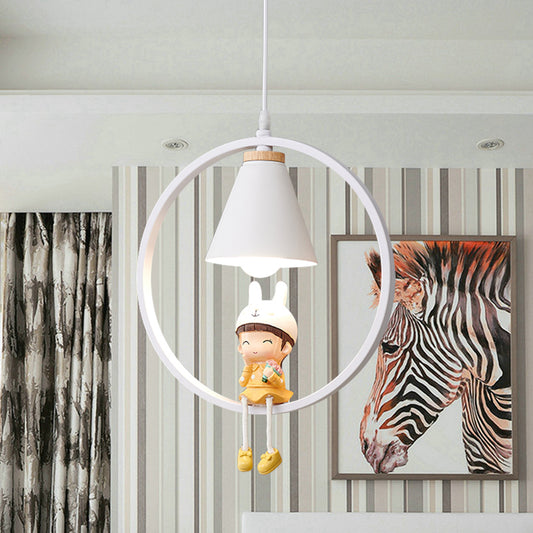 Cartoon Tapered Hanging Light Metal 1 Light Bedroom Pendant Lamp with Ring and Girl/Boy/Deer Decor in Black/White Clearhalo 'Ceiling Lights' 'Pendant Lights' 'Pendants' Lighting' 1649807