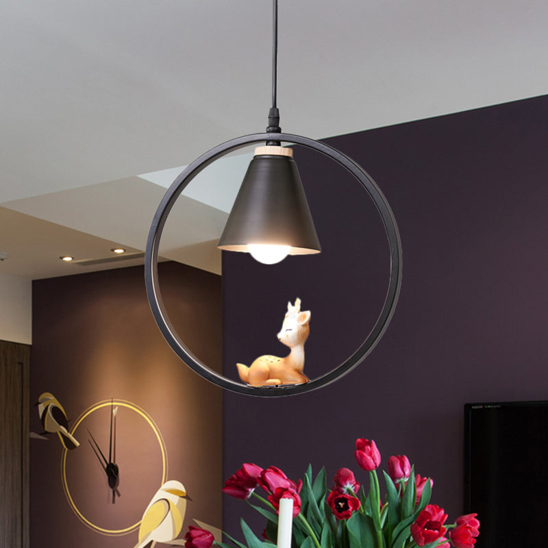 Cartoon Tapered Hanging Light Metal 1 Light Bedroom Pendant Lamp with Ring and Girl/Boy/Deer Decor in Black/White Clearhalo 'Ceiling Lights' 'Pendant Lights' 'Pendants' Lighting' 1649809