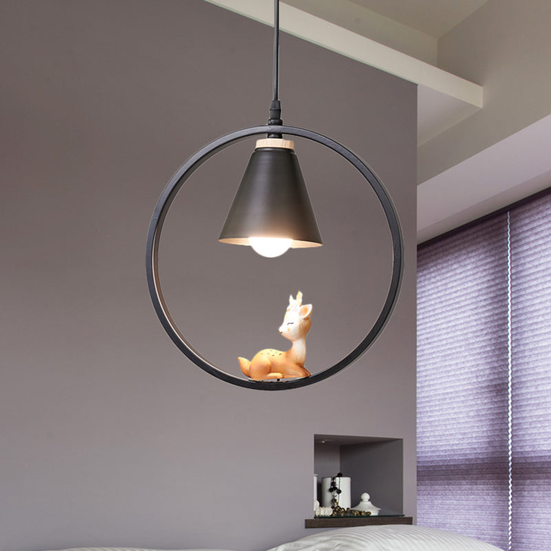 Cartoon Tapered Hanging Light Metal 1 Light Bedroom Pendant Lamp with Ring and Girl/Boy/Deer Decor in Black/White Clearhalo 'Ceiling Lights' 'Pendant Lights' 'Pendants' Lighting' 1649811