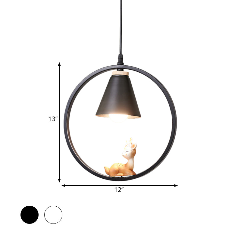 Cartoon Tapered Hanging Light Metal 1 Light Bedroom Pendant Lamp with Ring and Girl/Boy/Deer Decor in Black/White Clearhalo 'Ceiling Lights' 'Pendant Lights' 'Pendants' Lighting' 1649813