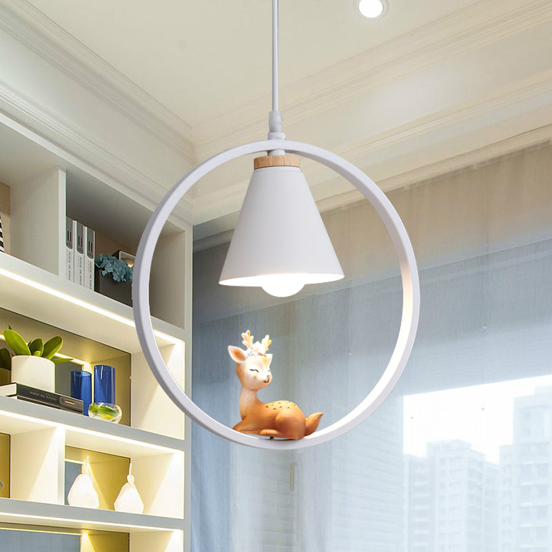 Cartoon Tapered Hanging Light Metal 1 Light Bedroom Pendant Lamp with Ring and Girl/Boy/Deer Decor in Black/White Clearhalo 'Ceiling Lights' 'Pendant Lights' 'Pendants' Lighting' 1649814