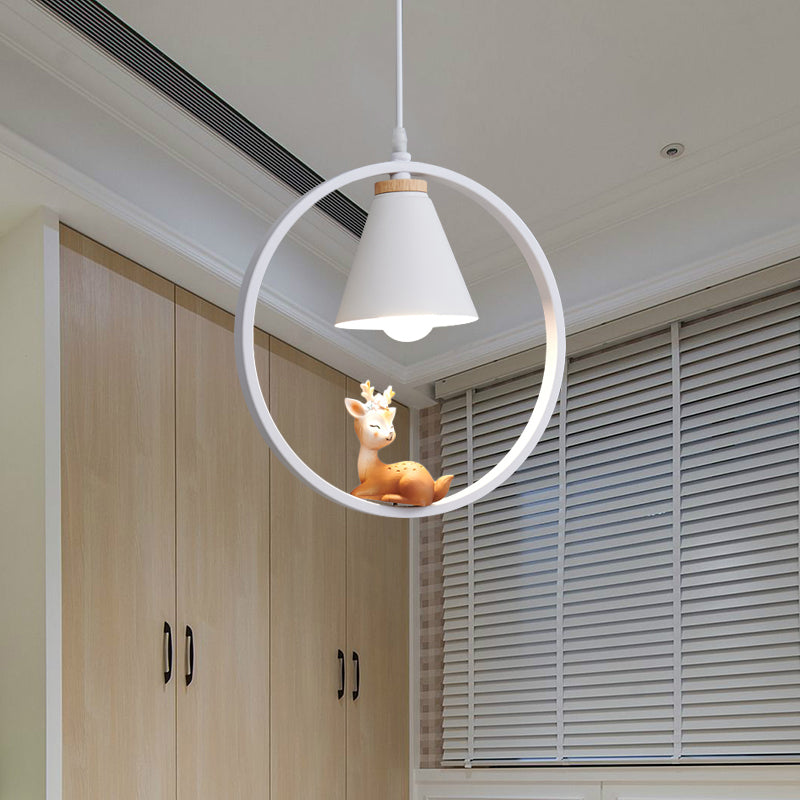 Cartoon Tapered Hanging Light Metal 1 Light Bedroom Pendant Lamp with Ring and Girl/Boy/Deer Decor in Black/White Clearhalo 'Ceiling Lights' 'Pendant Lights' 'Pendants' Lighting' 1649815