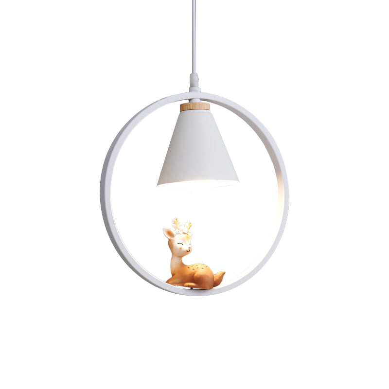 Cartoon Tapered Hanging Light Metal 1 Light Bedroom Pendant Lamp with Ring and Girl/Boy/Deer Decor in Black/White Clearhalo 'Ceiling Lights' 'Pendant Lights' 'Pendants' Lighting' 1649817